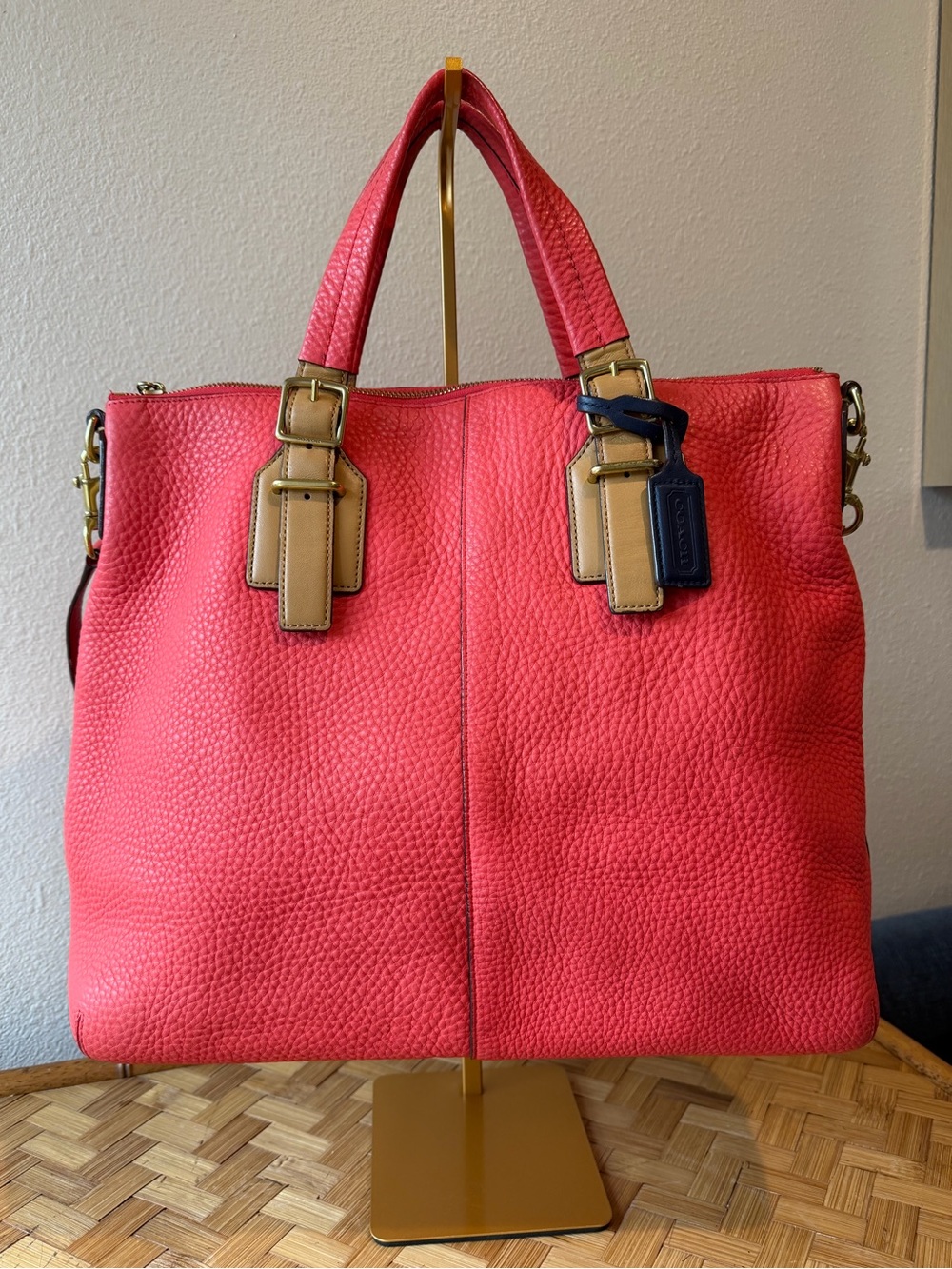 Authentic Coach Soft Pebbled Leather Legacy Rory Convertible Tote Coral Navy
